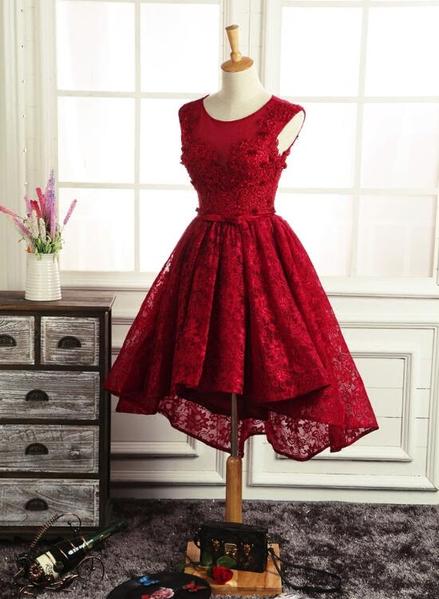 Wine Red Round Neckline Lace High Low Homecoming Dress Evening Dress High Low Formal Dress Sa1497