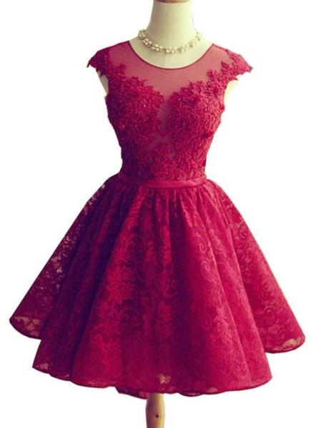Wine Red Lace Knee Length Round Neckline Party Dress Formal Dress Cute Homecoming Dresses Sa1498