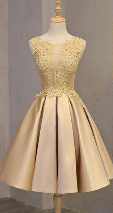 Custom Gold Satin And Lace Short Homecoming Dresses Prom Dresses Floral Lace Formal Party Dresses Sa1514