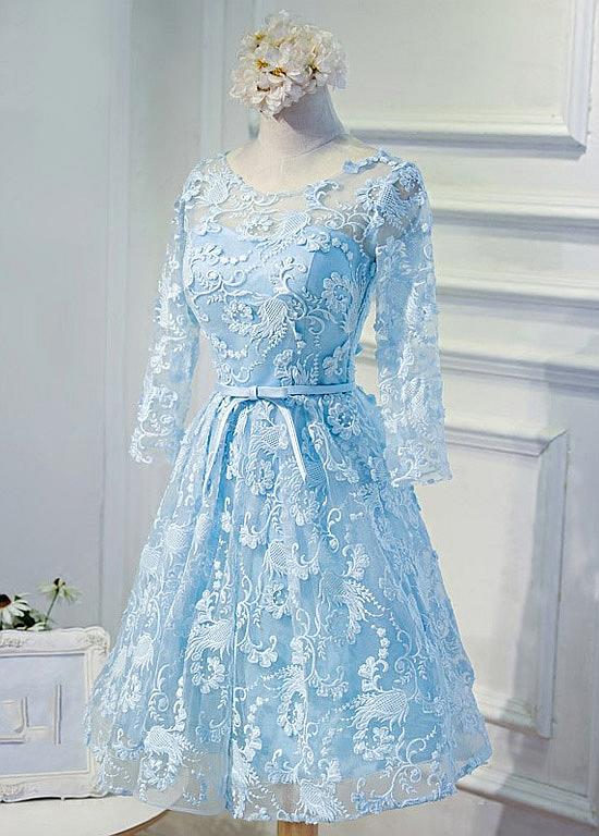 Custom Lace Round Neckline Short A-line Homecoming Dresses With Bowknot Formal Dress Short Prom Dress Sa1520