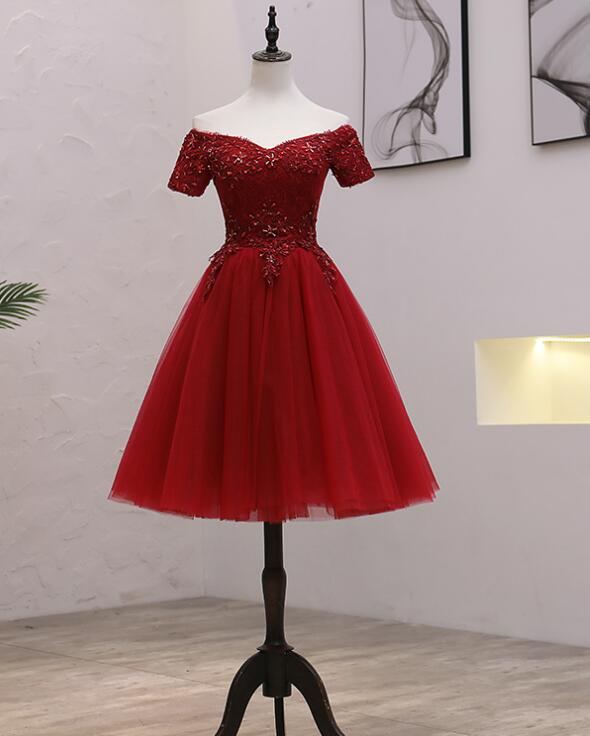 Short Tulle With Lace Party Dress,formal Dress Burgundy Homecoming Dress Sa1521