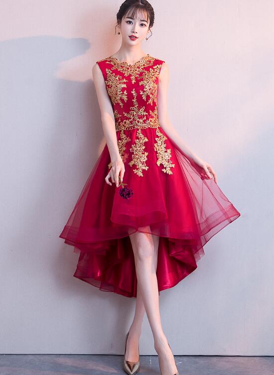 Red High-low Dress With Golden Embroidery