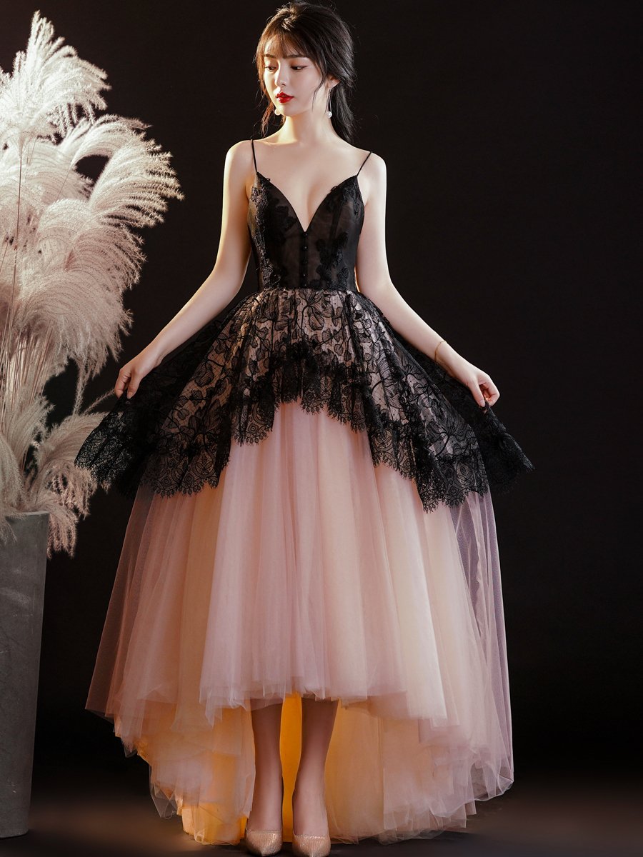 Pink And Black Tulle With Lace V Neck Formal Dress High Low Party Dress Prom Dress Sa1540