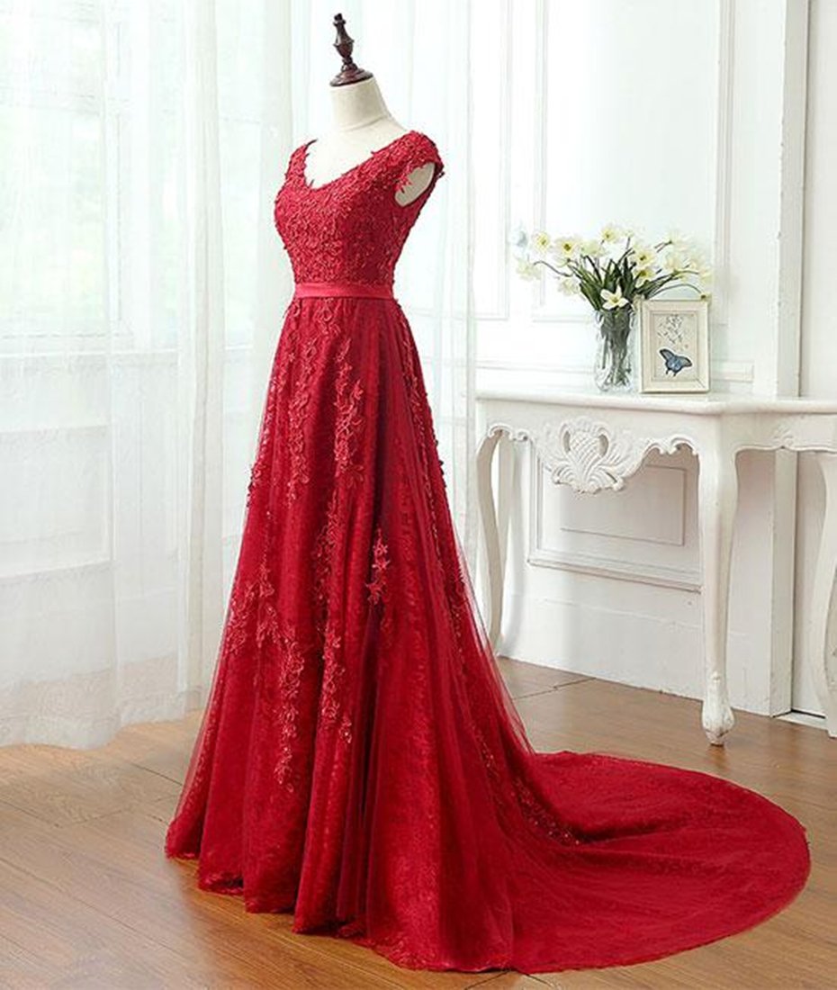 A Line Cap Sleeves Burgundy Lace Prom Dress With Appliques Formal Dress Evening Dress Sa1546