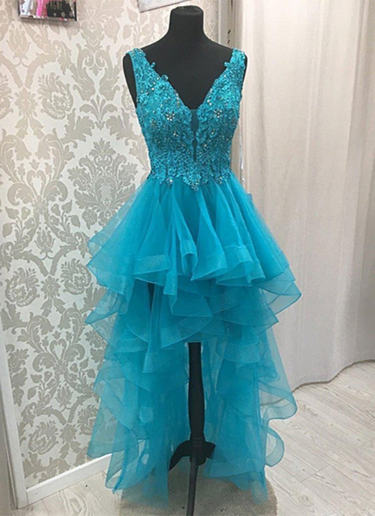 Blue High Low V-neck Tulle Prom Dresses Formal Dress Custom Sa1553