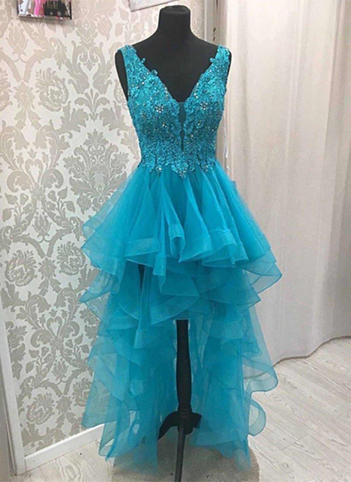 OK163 Stunning Turquoise High Low Lace Evening Dress