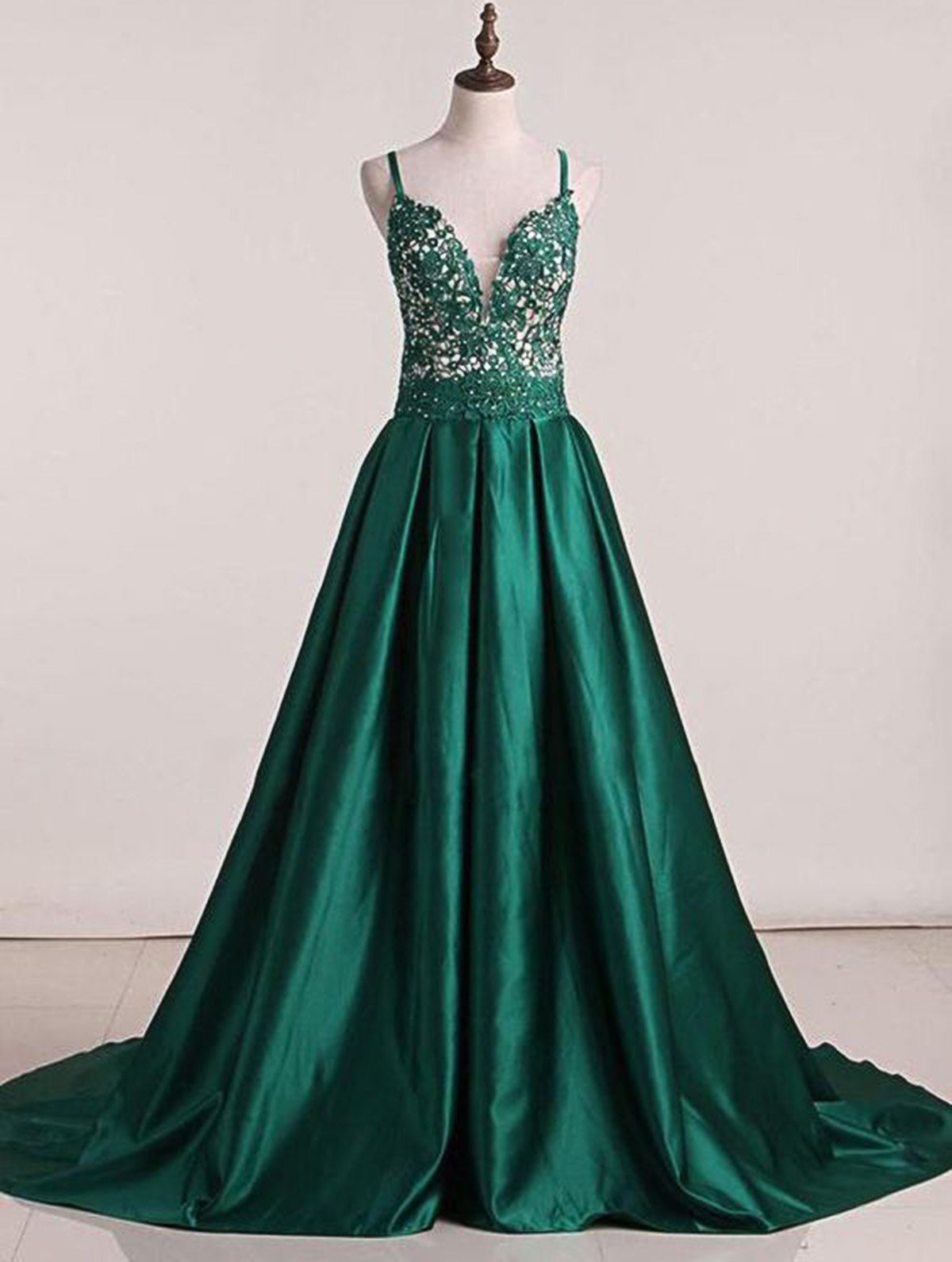 Custom Made Green Sweep Train Satin Open Back Lace Formal Dress Prom Dresses Sa1563