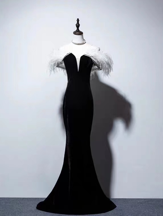 Feather Velvet Fashion Prom Dress Black Evening Dress, Mermaid Sexy Formal Dress Sa1576