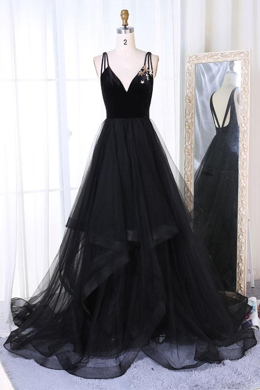 Black Velvet Dress With Layered Tulle Skirt