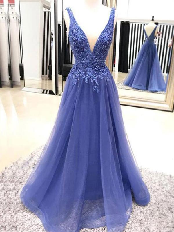 A-line V-neck Sleeveless Evening Dress Prom Dress Floor-length With Applique Tulle Formal Dresses Sa1585