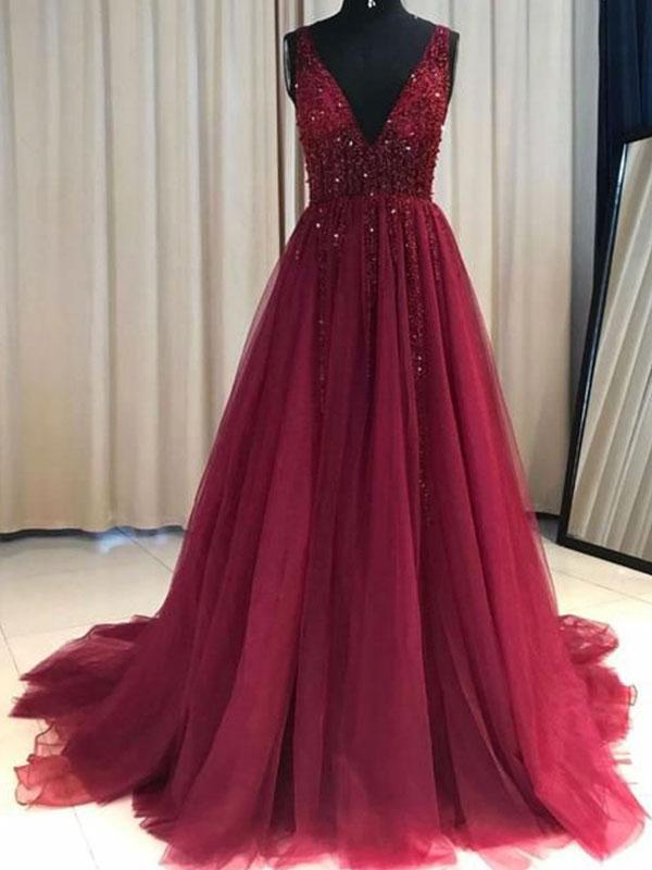Red A-line V-neck Sleeveless Evening Prom Dress Sweep/brush Train With Ruffles Tulle Formal Dresses Sa1586