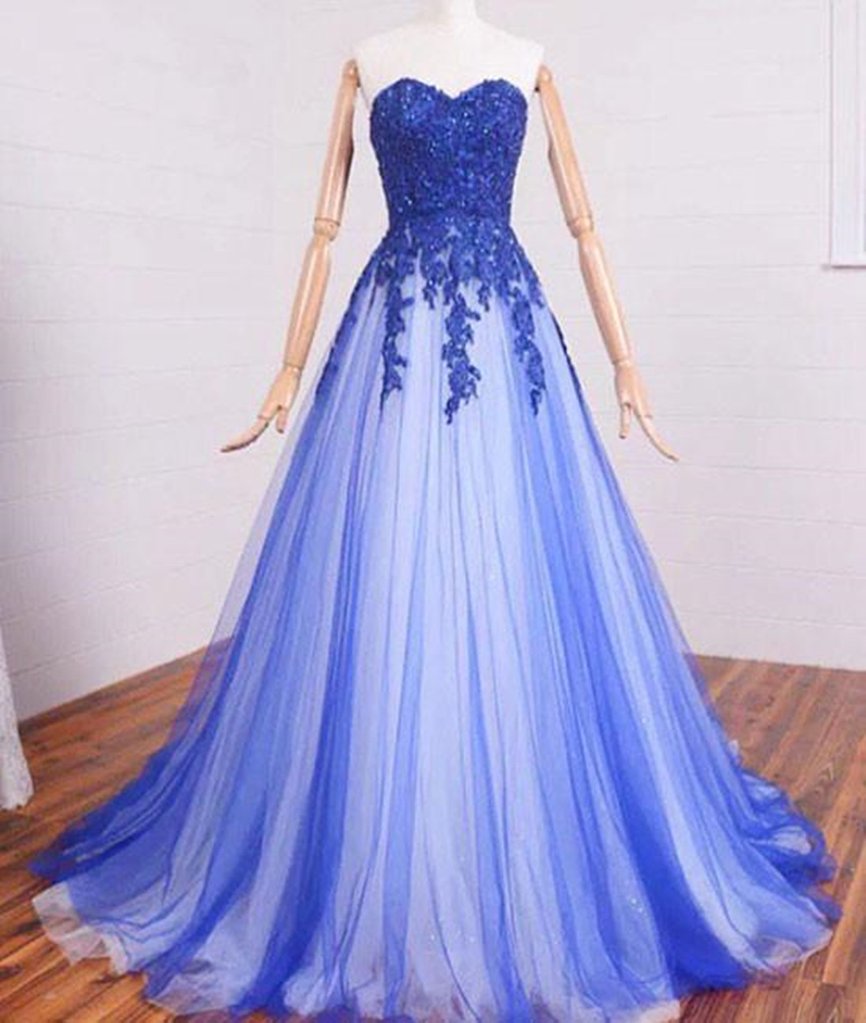 A Line Sweetheart Neck Lace Tulle Evening Dress Blue Long Prom Dresses Blue Formal Dresses Sa1589