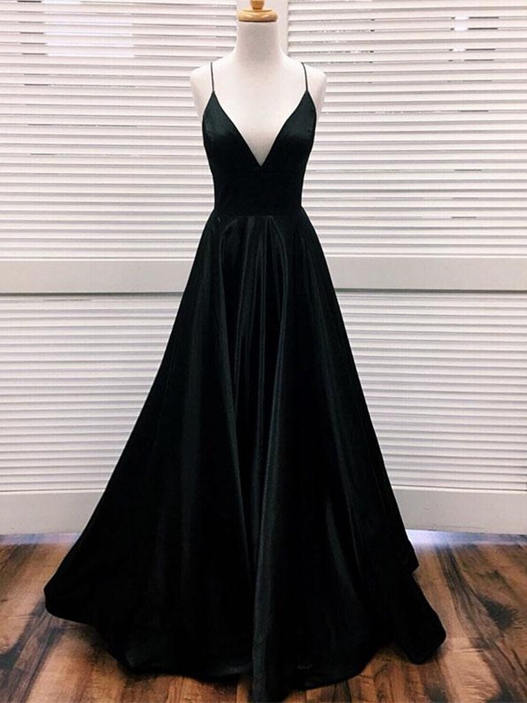 A Line V Neck Black Satin Long Prom Dresses Formal Dresses Evening Dresses Sa1590