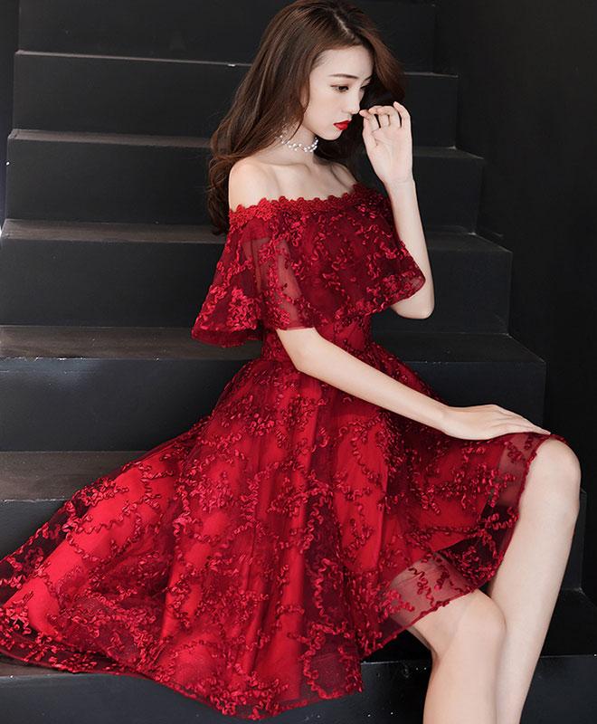 fitted lace wedding dress Red Beaded Lace Homecoming Dress Off The Shoulder Graduation Dress Hc327 Custom Colors / US12 main image 0