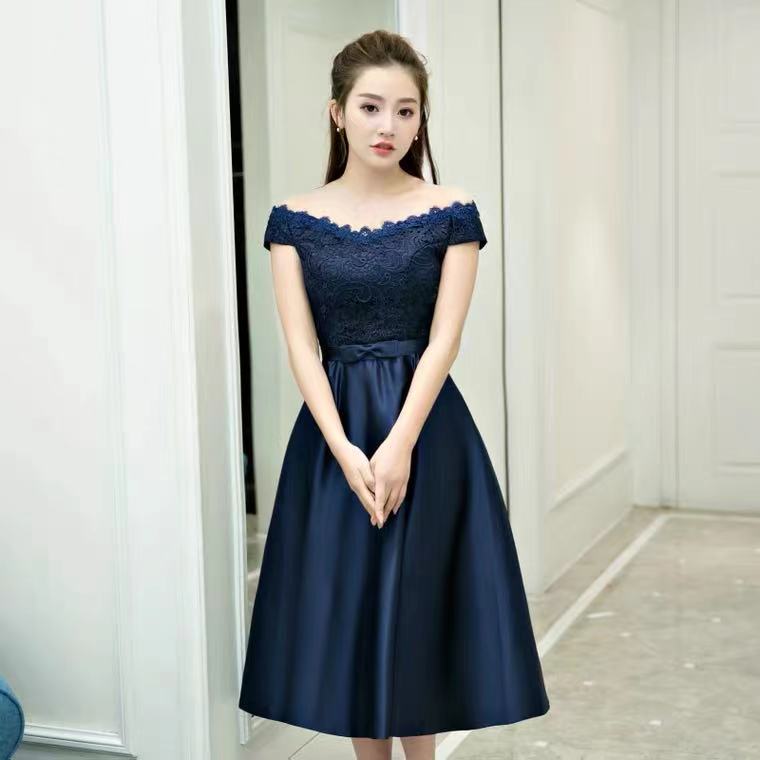 Lace Off Shoulder Navy Evening Gown Dress