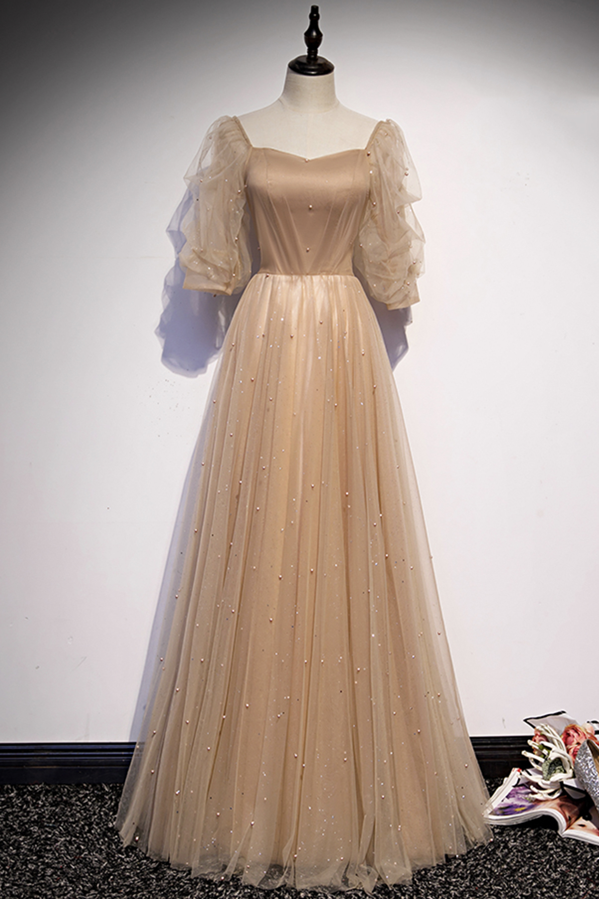 puff sleeve champagne dress Long Champagne Satin Puffy Sleeve Dress  Lisposa