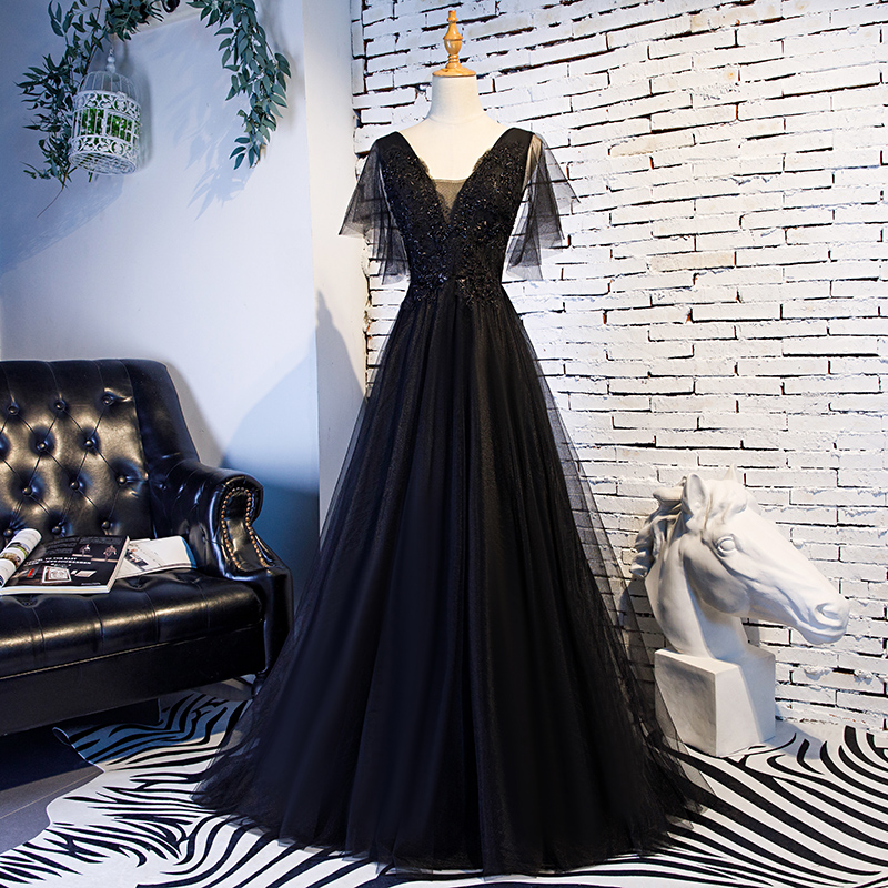 Hand Made Black V Neck Tulle Lace Long Formal Dress Prom Dress Evening Dress Sa1668