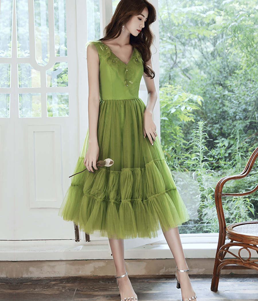Hand Made Green V Neck Tulle Short Formal Dress Prom Dress Party Dress Sa1669