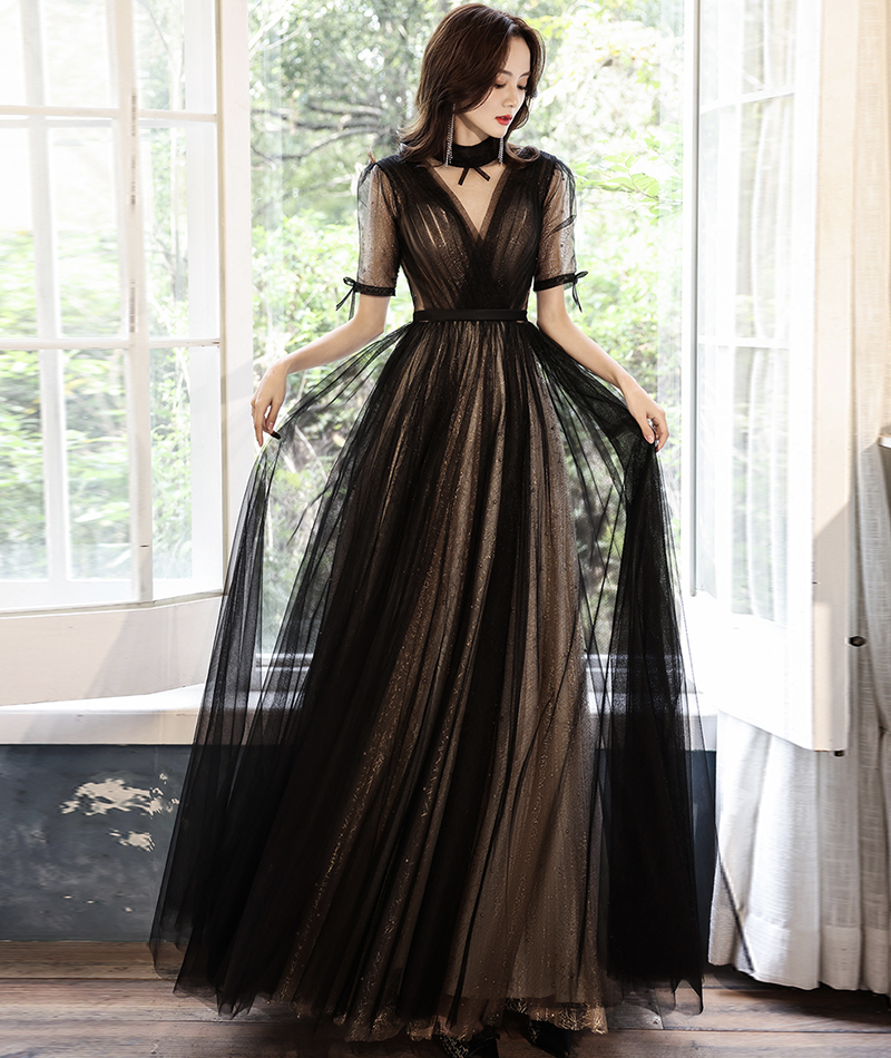 OK163 Stunning Black Sheer Gown with Tulle Overlay