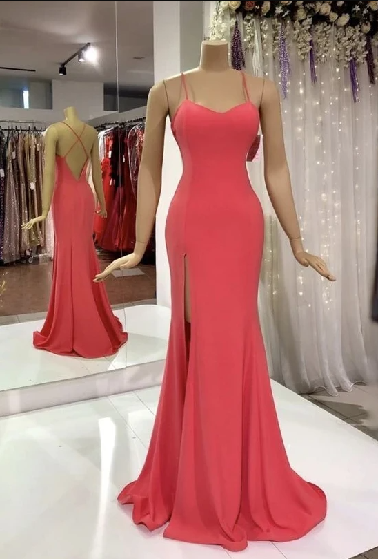 Spaghetti Straps Red Long Prom Dress Formal Dress Mermaid Slit Evening Dress Sa1706