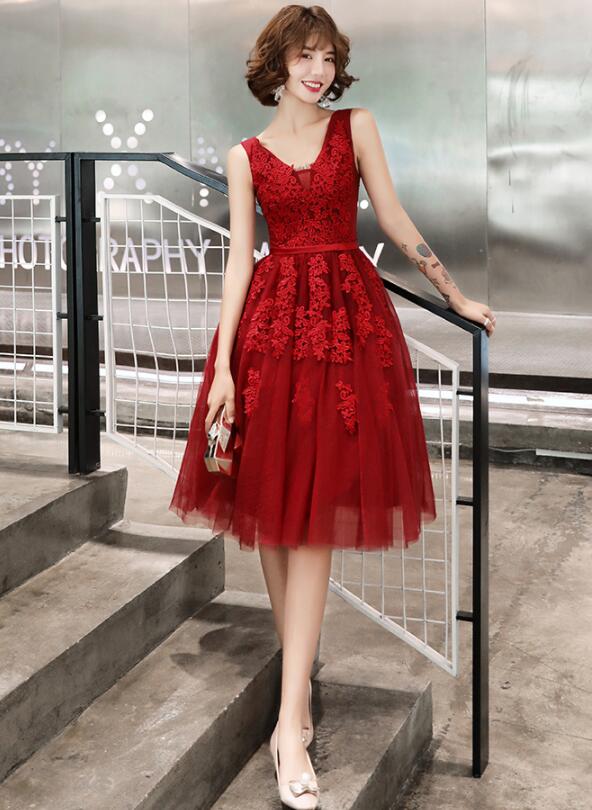 Red V-neckline Knee Length Party Dress Formal Dress Homecoming Dress Prom Dress Sa1721