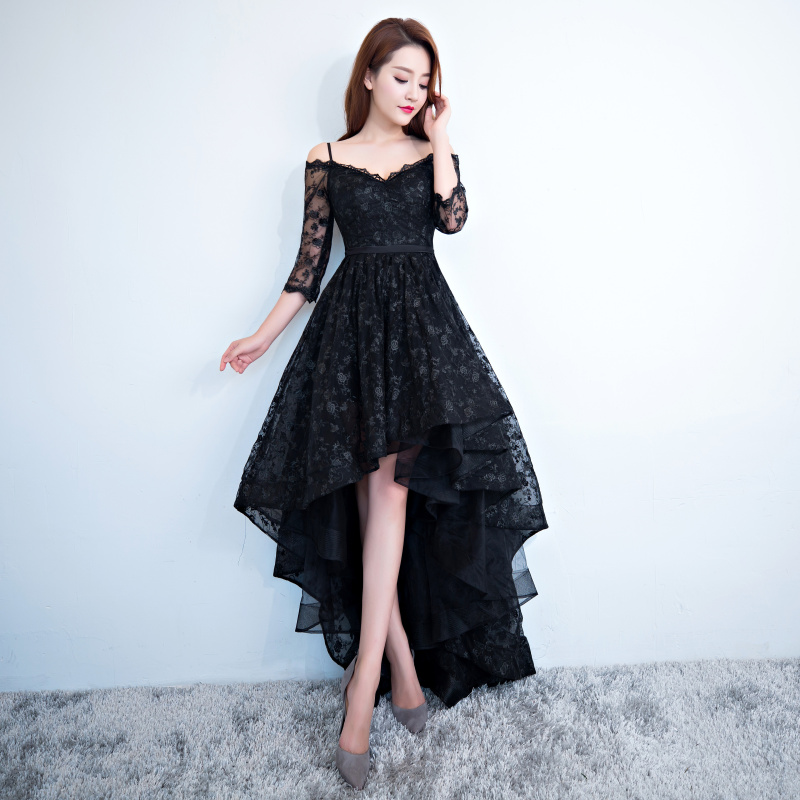 High Low V-neckline Straps Long Party Dress Black Lace Formal Dress Homecoming Dress Sa1724
