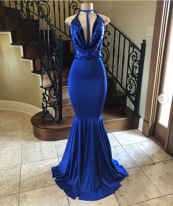 Halter Neck Mermaid Satin Prom Dress Formal Dress Royal Blue Long Chiffon Evening Dress Sa1726
