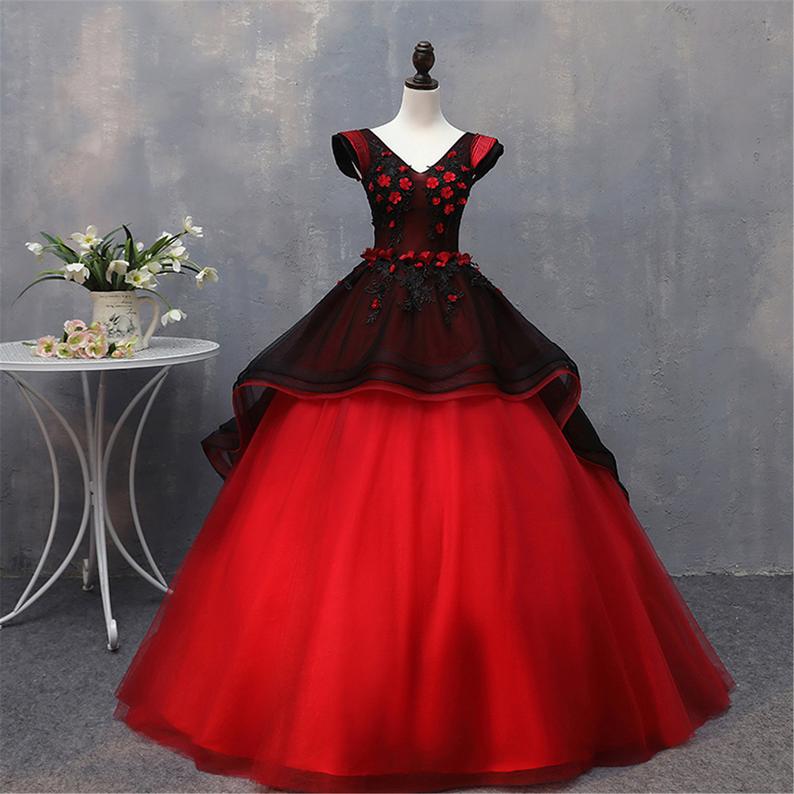 Red Black Ball Gown Vintage Flower Prom Dress Layered Ball Formal Dress Graduation Party Dress Sa1739