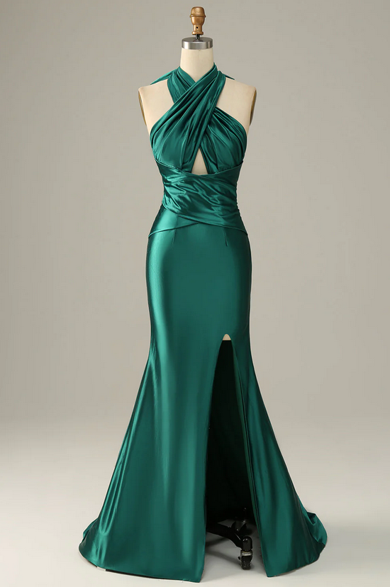 Sleeveless Green Satin Evening Gown With Slit on Luulla