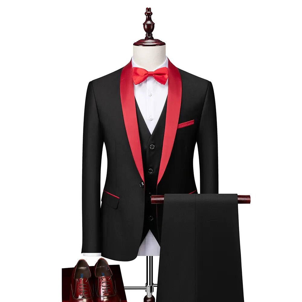 3 Pieces Set Formal Slim Fit Tuxedo Prom Suit / Male Groom Wedding Blazers High Quality Dress Jacket Coat Pants Vest Ms21