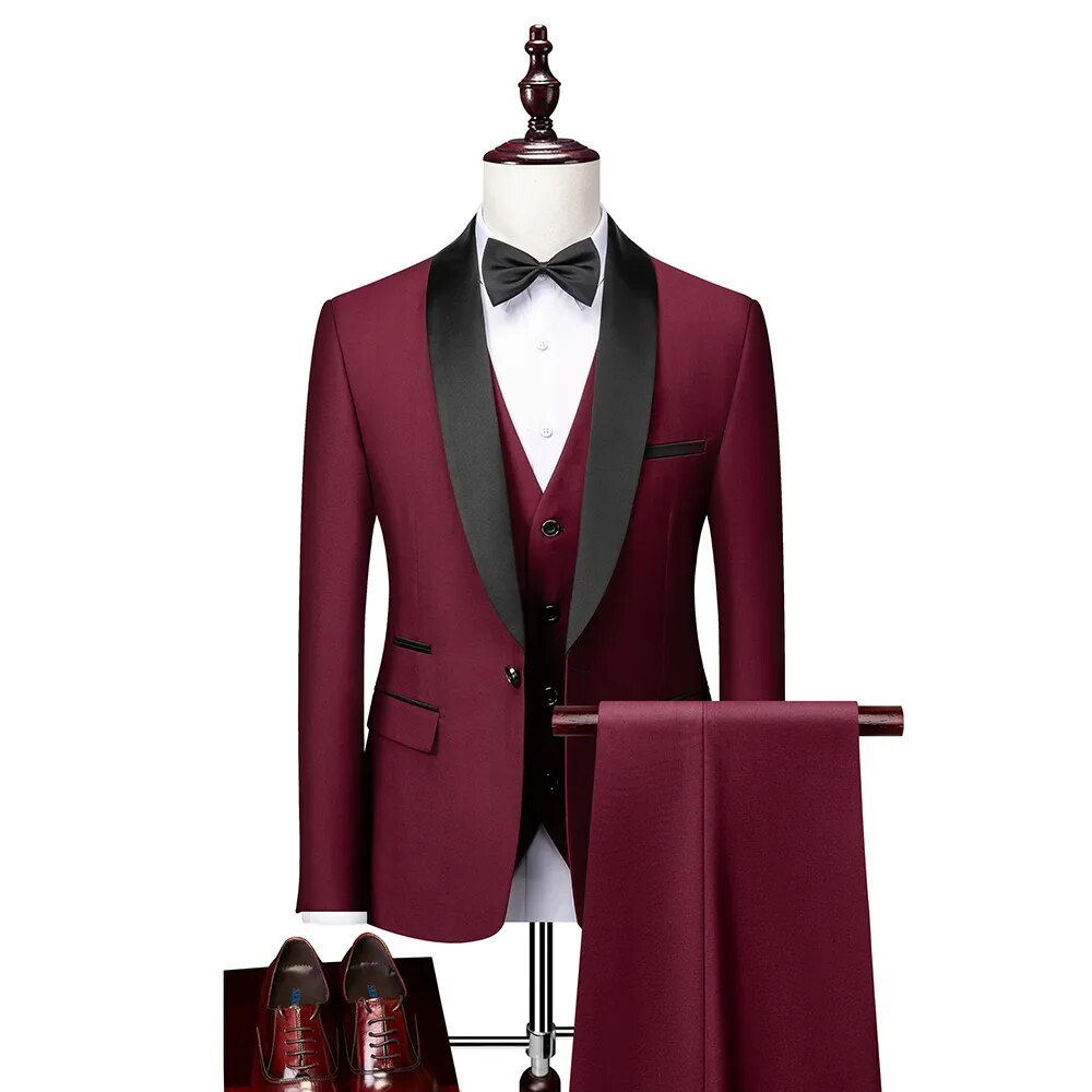 3 Pieces Set Formal Slim Fit Tuxedo Prom Suit / Male Groom Wedding Blazers High Quality Dress Jacket Coat Pants Vest Ms22