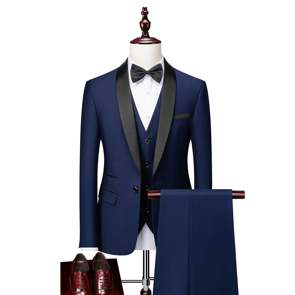 3 Pieces Set Formal Slim Fit Tuxedo Prom Suit / Male Groom Wedding Blazers High Quality Dress Jacket Coat Pants Vest Ms23