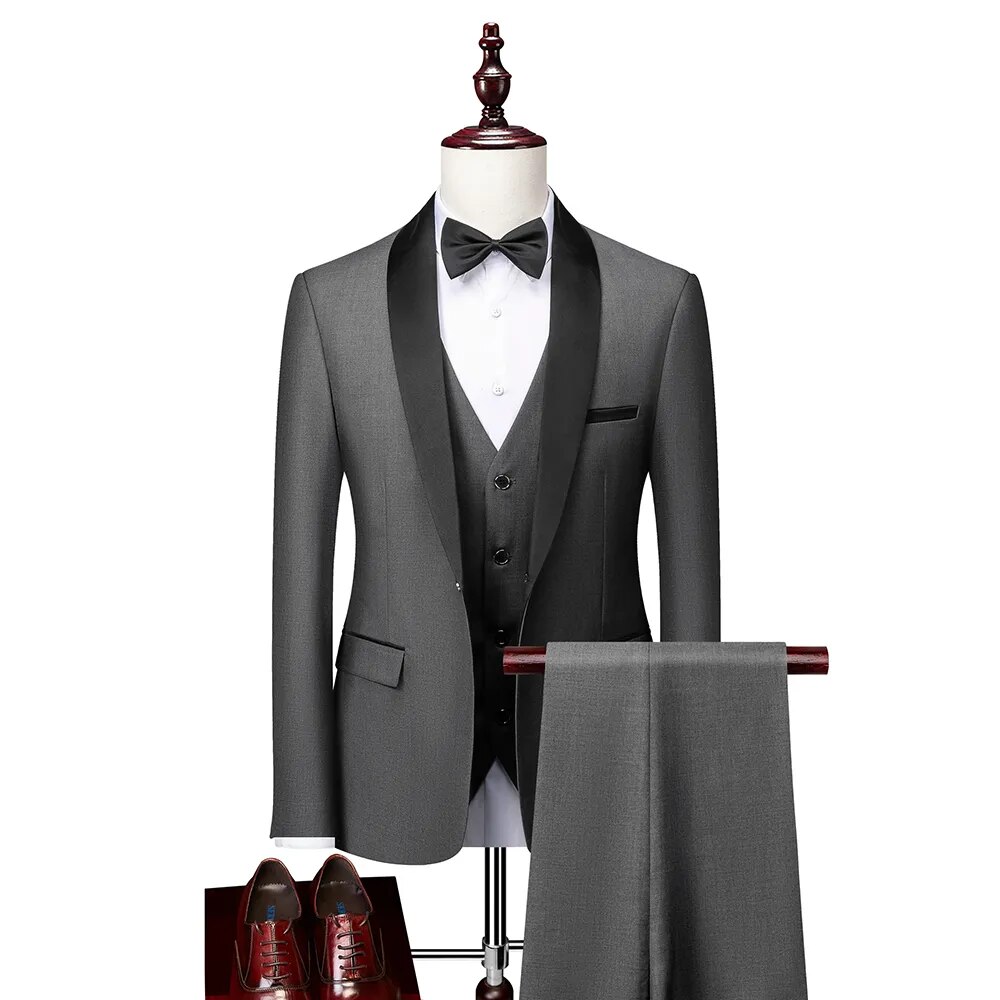3 Pieces Set Formal Slim Fit Tuxedo Prom Suit / Male Groom Wedding Blazers High Quality Dress Jacket Coat Pants Vest Ms24