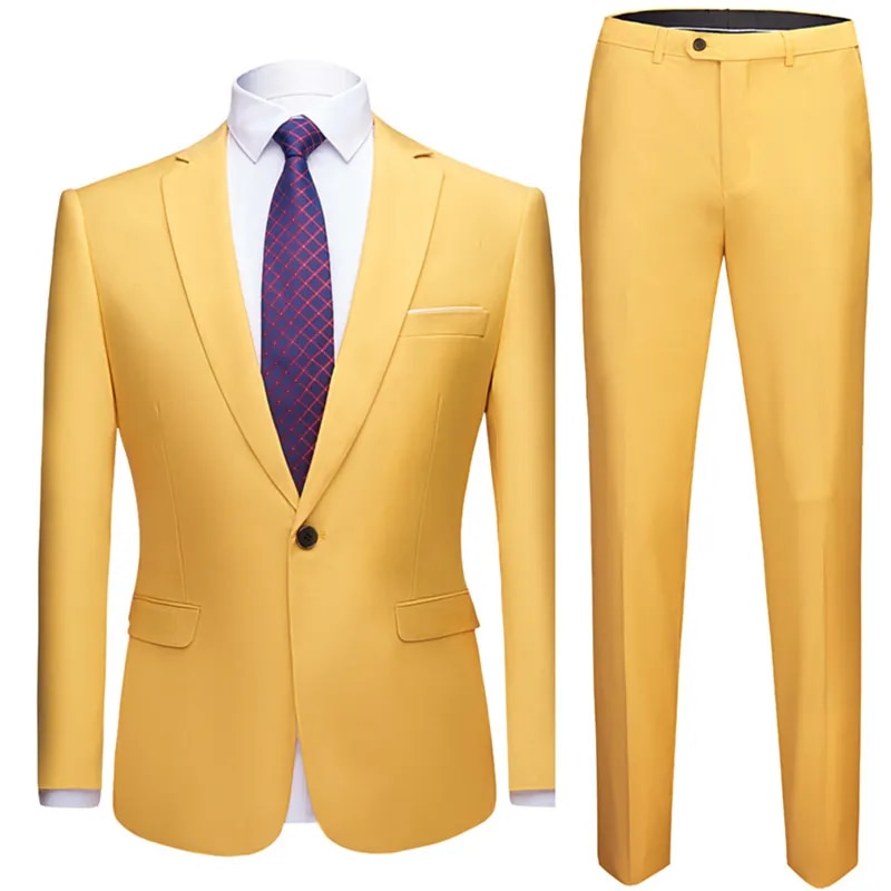 Yellow Jacket + Pants 2 Pieces Set Fashion Men's Casual Boutique Business Dress Wedding Groom Suit Coat Blazers Trousers Ms38