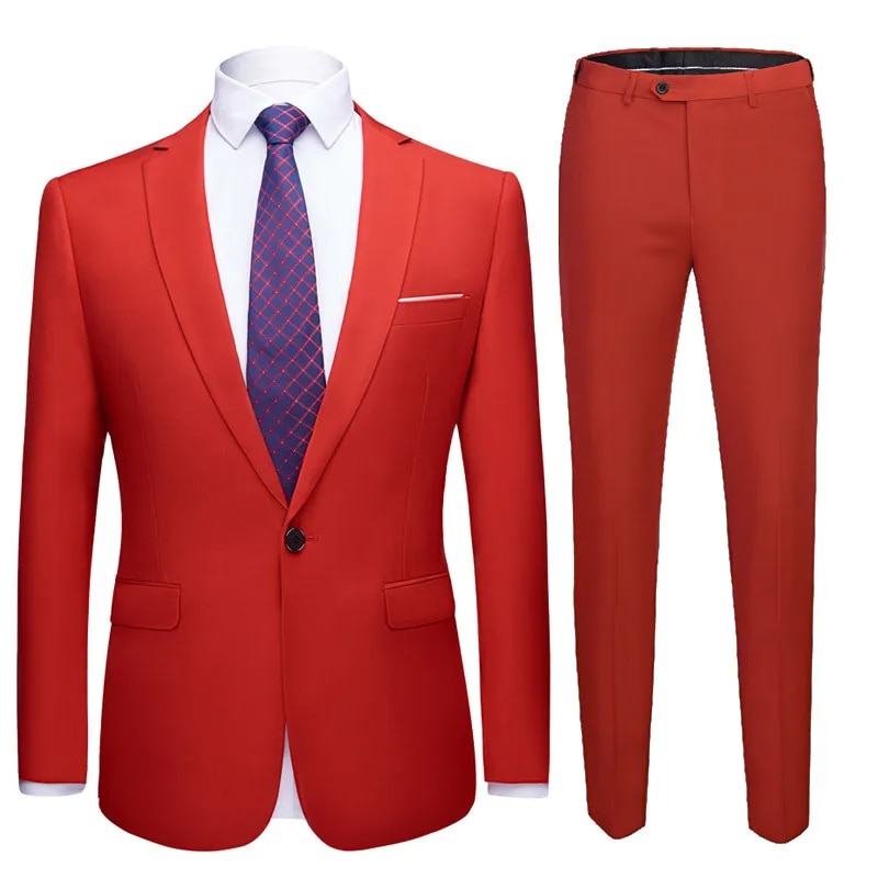 Red Jacket + Pants 2 Pieces Set Fashion Men's Casual Boutique Business Dress Wedding Groom Suit Coat Blazers Trousers Ms39