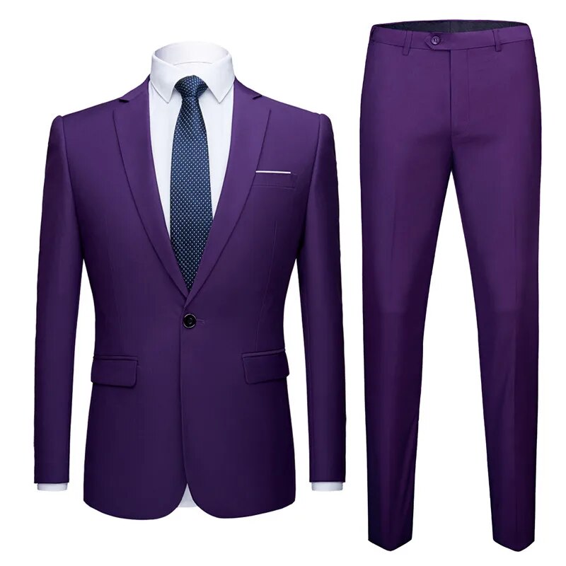 Purple Jacket + Pants 2 Pieces Set Fashion Men's Casual Boutique Business Dress Wedding Groom Suit Coat Blazers Trousers Ms40