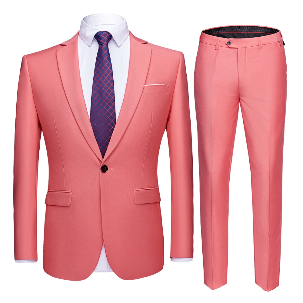 Pink Jacket + Pants 2 Pieces Set Fashion Men's Casual Boutique Business Dress Wedding Groom Suit Coat Blazers Trousers Ms42