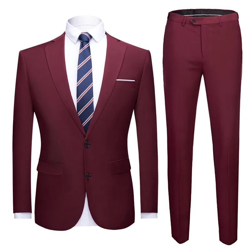 Wine Red Jacket + Pants 2 Pieces Set Fashion Men's Casual Boutique Business Dress Wedding Groom Suit Coat Blazers Trousers Ms43