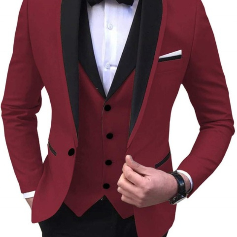 Slim Fit Men's Suits With Black Shawl Lapel Prom Groom Tuxedos For Wedding Male Fashion Blazer 3 Pcs Suit Set Jacket Vest Pants Ms60