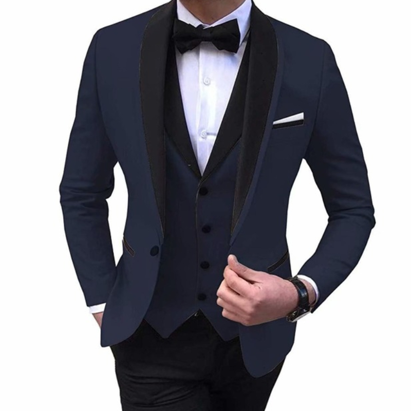 Slim Fit Men's Suits With Black Shawl Lapel Prom Groom Tuxedos For Wedding Male Fashion Blazer 3 Pcs Suit Set Jacket Vest Pants Ms61