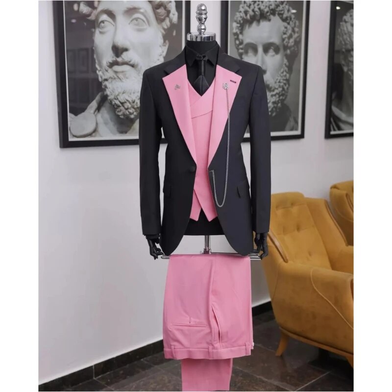 Men Suits 3 Pcs Wedding Groom Tuxedos Prom Party Peaked Lapel Blazer Male Fashion Costume (jacket + Vest + Pant) Ms63