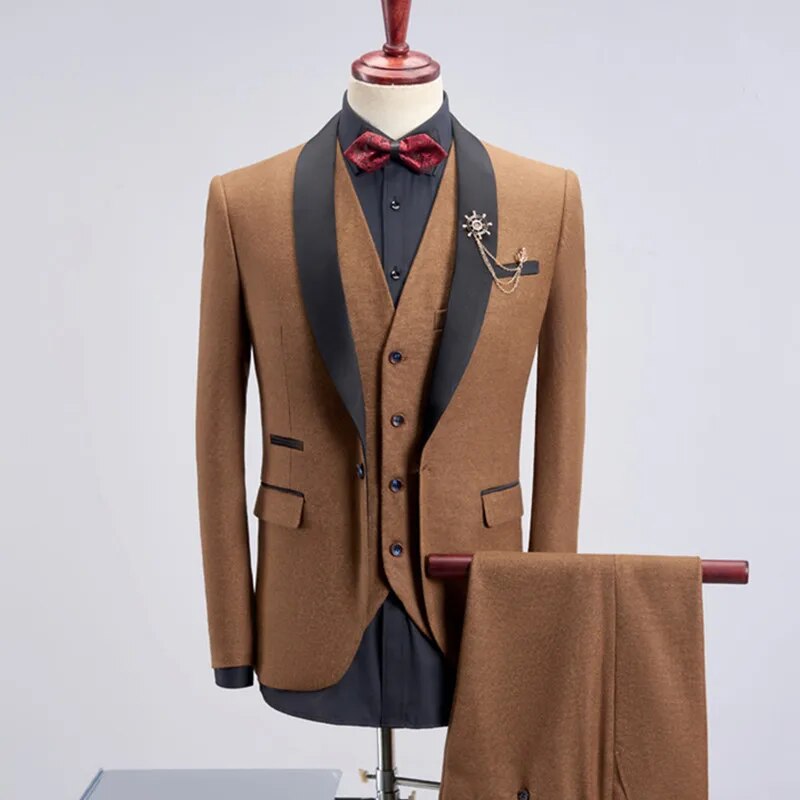 Brown 3 Pieces Suits Fashion Men's Casual Boutique Business Suit / Male Color Matching Collar Blazer Jacket Coat Trousers Vest Set Ms71
