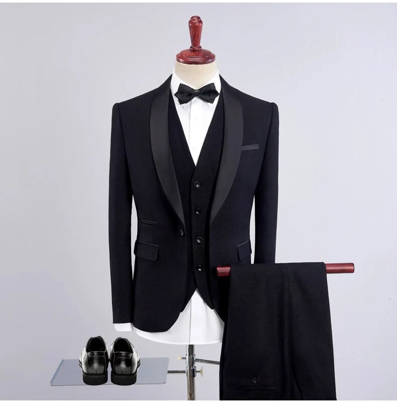 Black 3 Pieces Suits Fashion Men's Casual Boutique Business Suit / Male Color Matching Collar Blazer Jacket Coat Trousers Vest Set Ms76