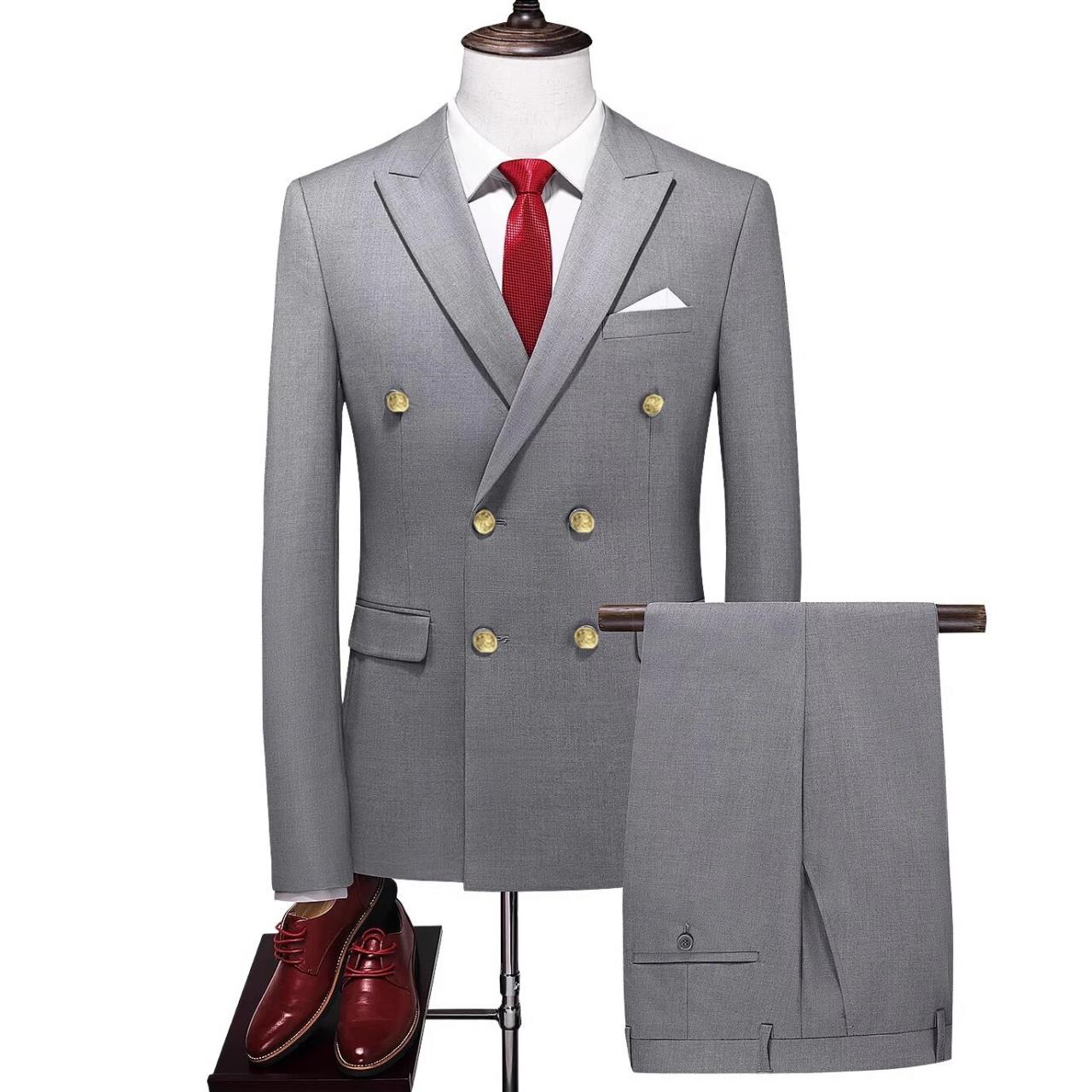 Fashion Men's Business Double Breasted Solid Color Suit Coat / Male Slim Wedding 2 Pieces Blazers Jacket Pants Trousers Ms136