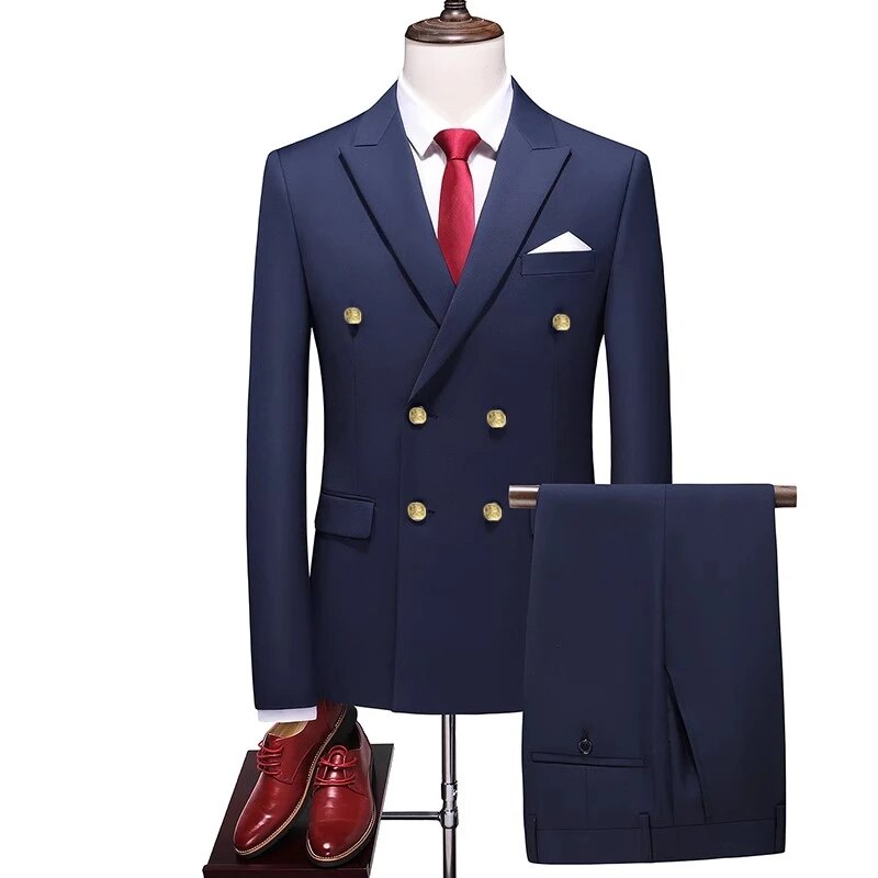 Fashion Men's Business Double Breasted Solid Color Suit Coat / Male Slim Wedding 2 Pieces Blazers Jacket Pants Trousers Ms137