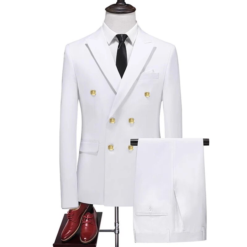 Fashion Men's Business Double Breasted Solid Color Suit Coat / Male Slim Wedding 2 Pieces Blazers Jacket Pants Trousers Ms138