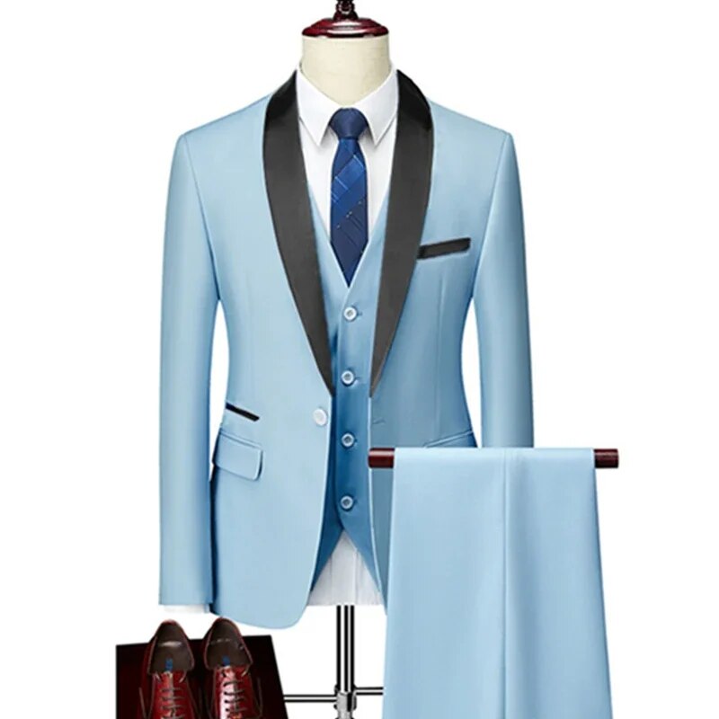 Men Lapel Black Collar 3 Pcs Suit Set Coat Vest Trousers / Business Groomsmen Groom Wedding Dress Fprmal Blazer Pants Waistcoat Ms177