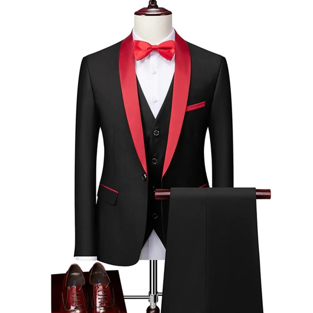 Men Lapel Black Collar 3 Pcs Suit Set Coat Vest Trousers / Business Groomsmen Groom Wedding Dress Fprmal Blazer Pants Waistcoat Ms178