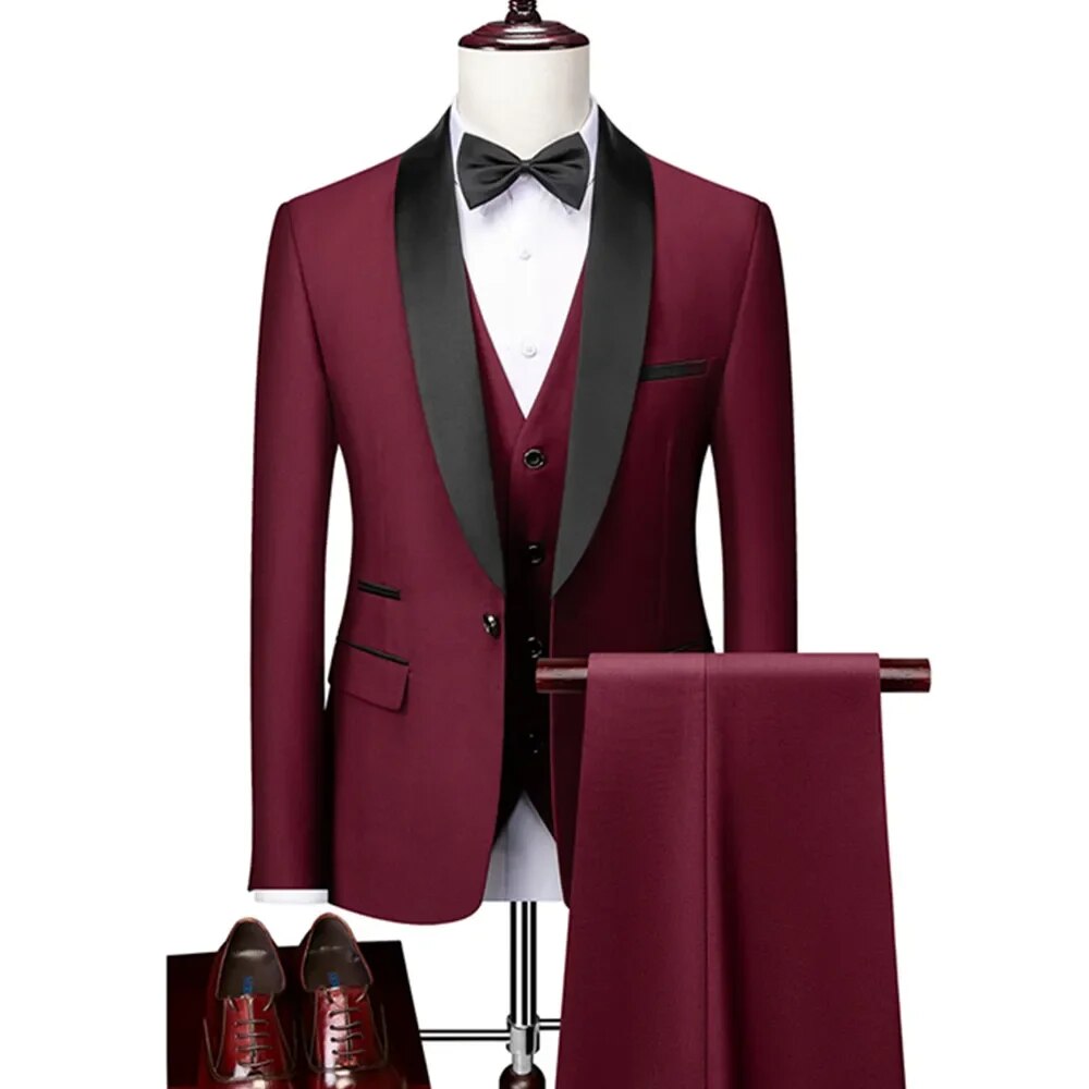 Men Lapel Black Collar 3 Pcs Suit Set Coat Vest Trousers / Business Groomsmen Groom Wedding Dress Fprmal Blazer Pants Waistcoat Ms179