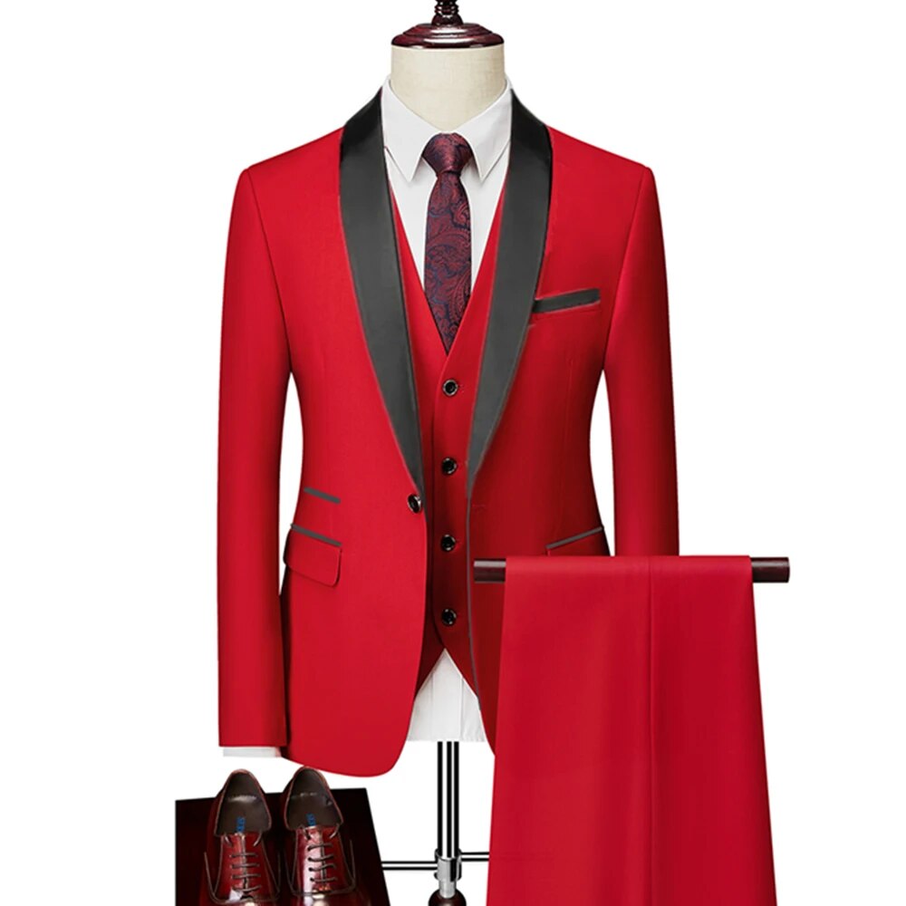 Men Lapel Black Collar 3 Pcs Suit Set Coat Vest Trousers / Business Groomsmen Groom Wedding Dress Fprmal Blazer Pants Waistcoat Ms181
